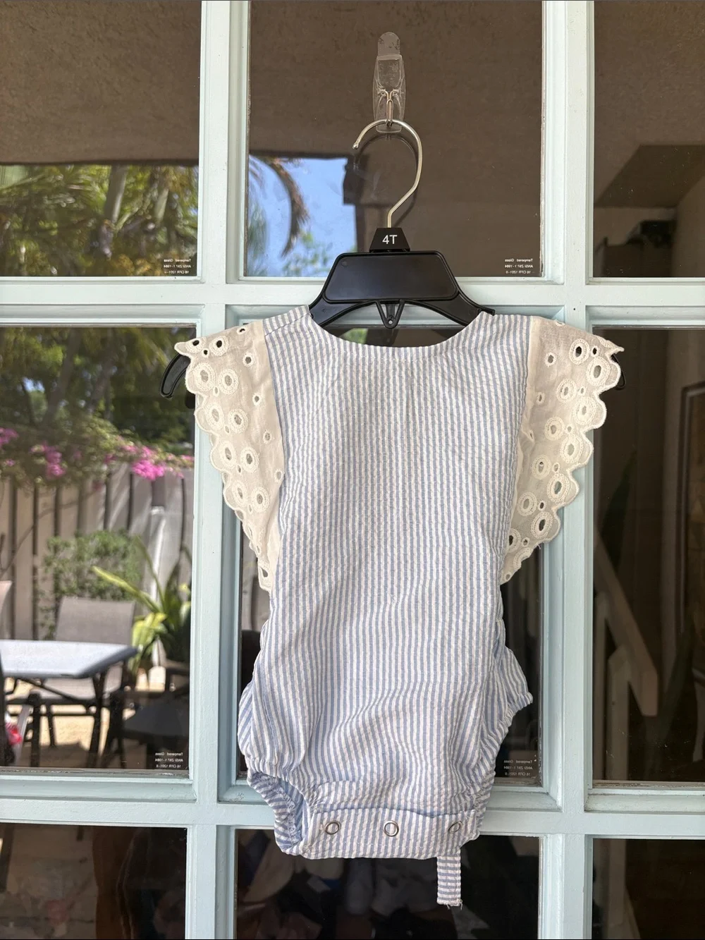 Blue & White Striped Baby Romper with Eyelet Ruffle Sleeves